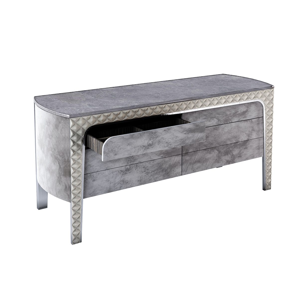 Side commode_Grey_euphoria_wood_fabric_rhombus_detail_metal_marble_container_drawers_2